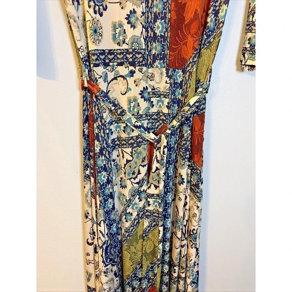 Janette Fashion Patchwork Boho Festival Artsy Belted Scoop Neck Maxi Dress M - Picture 3 of 9
